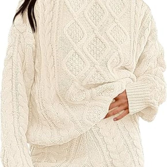 ANRABESS Women's Beige 2 Piece Cable Knit Pullover Sweater and Shorts Large - Picture 2 of 7